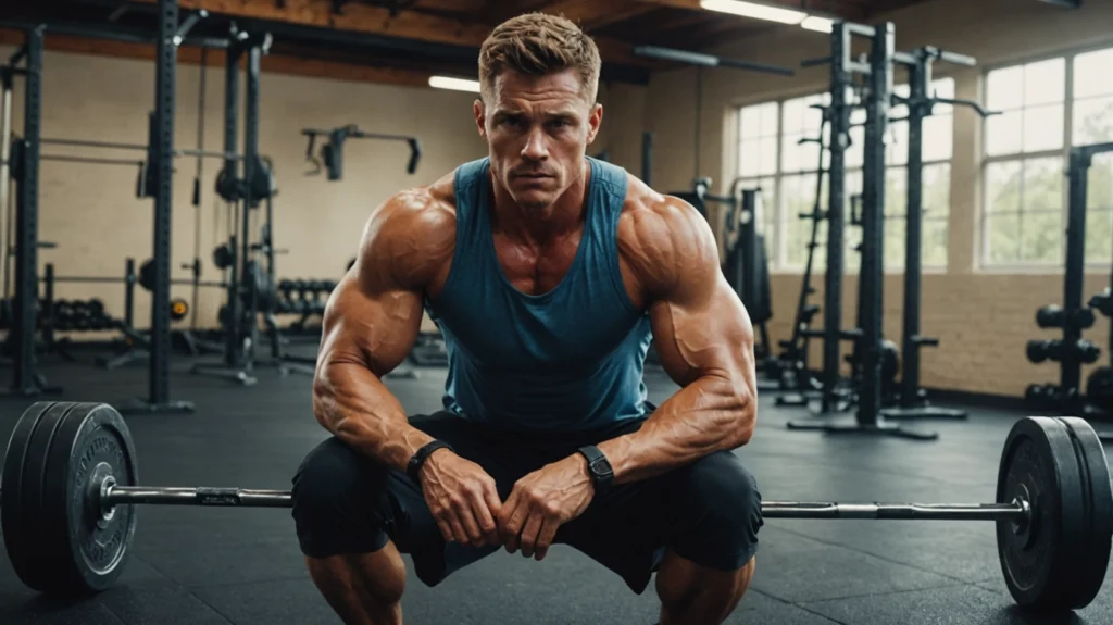 Muscular man in gym wearing blue tank top and black shorts.