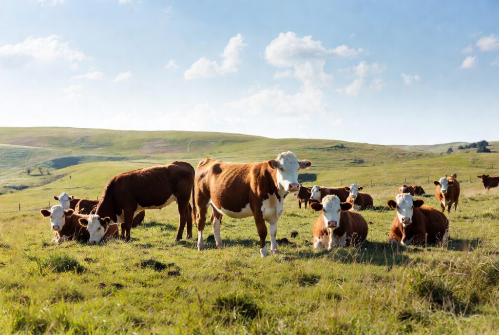 Cows grazing and resting on a sunny grassy hillside under a blue sky.