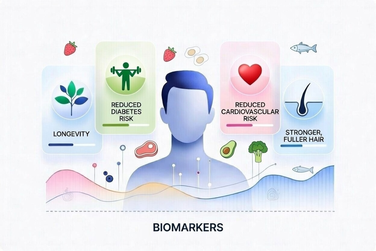 Illustration showing different types of biomarkers linked to human health.
