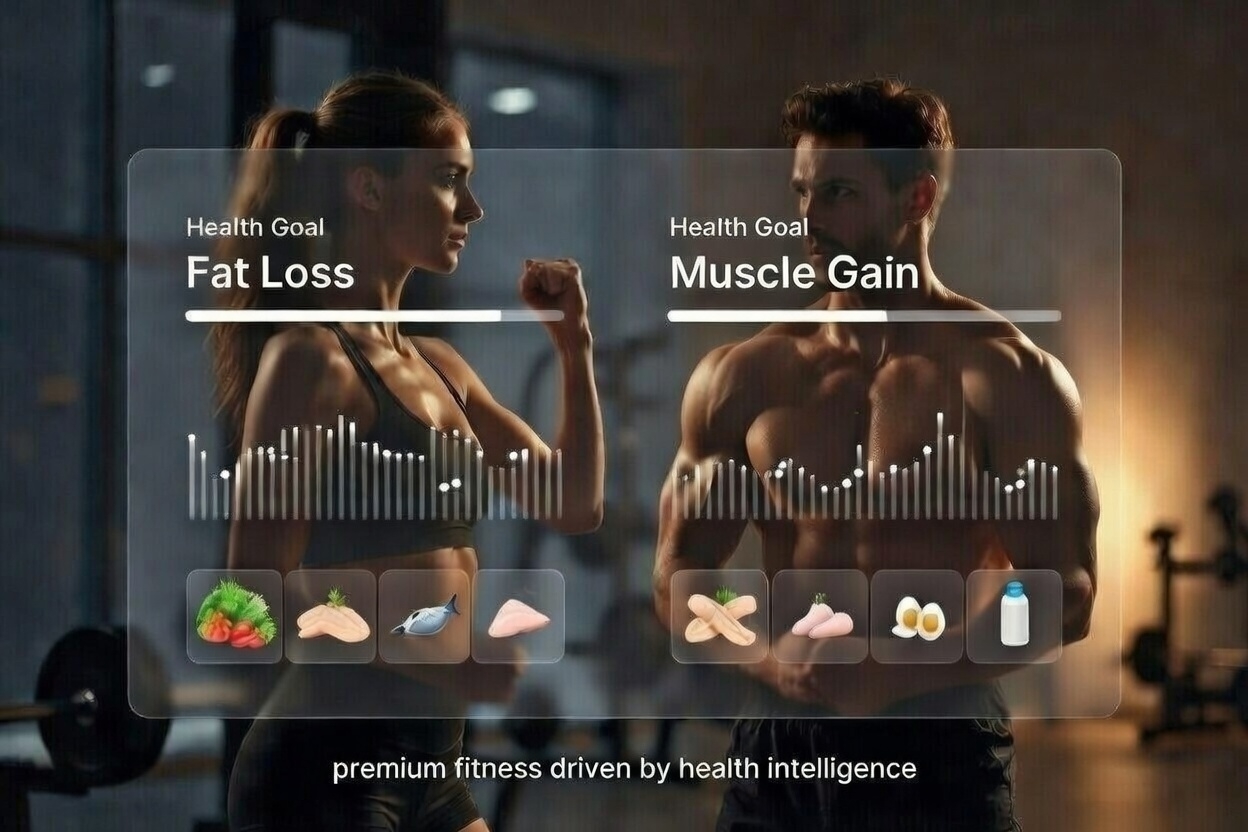 Fitness goals comparison for fat loss and muscle gain with dietary icons.